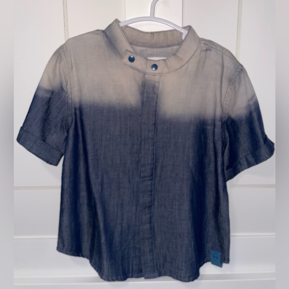 Denim short sleeve shirt.